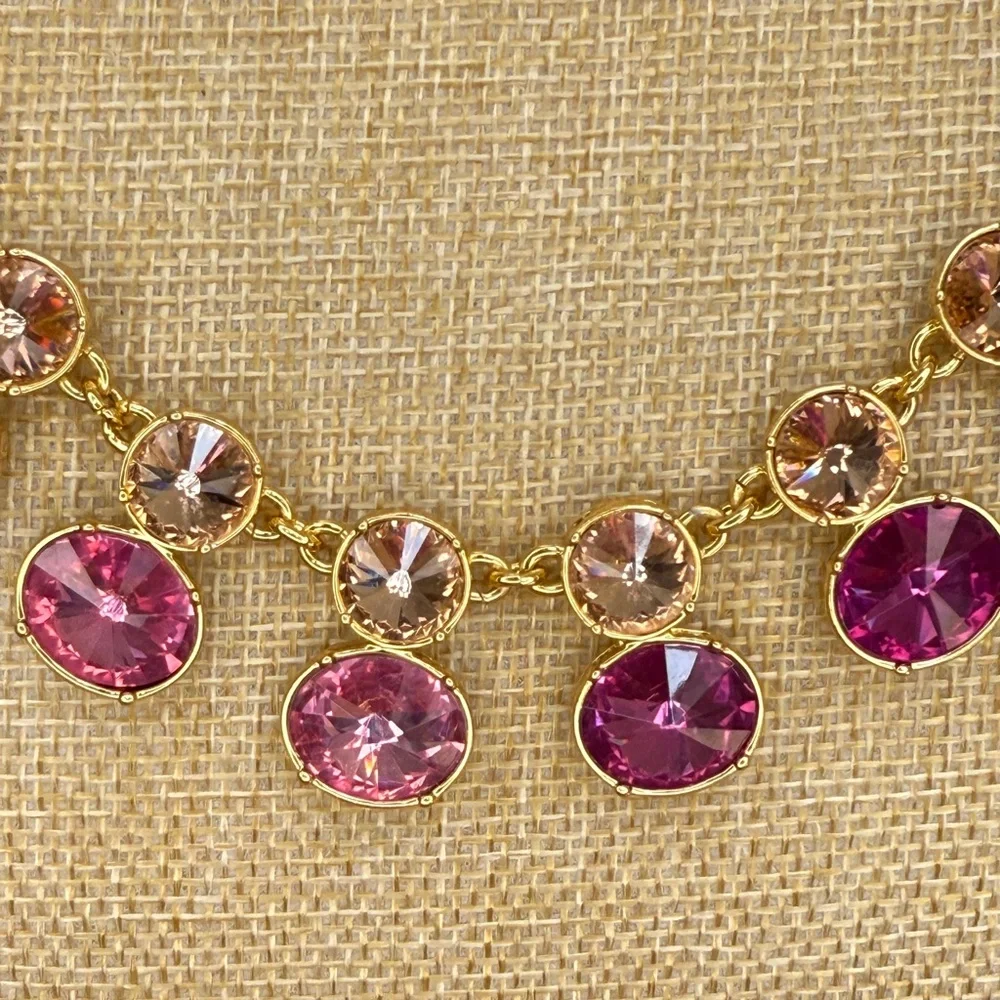 Talbots Gold and Pink Double Crystal Row Statement Necklace - Picture 5 of 10